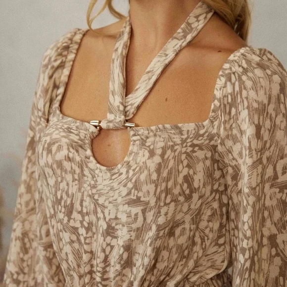 NWT Cream Long Sleeve Abstract Print Comfy Jumpsuit - Picture 3 of 6